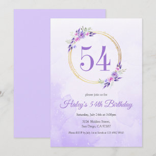 Convites Pastel Purple Floral Ouro Wreath 54º Aniversário