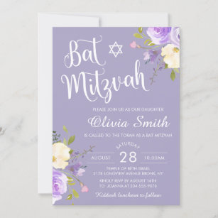 Convites Pastel Purple Floral White Script Bat Mitzvah