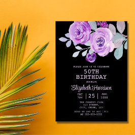 Convites Pastel Purple Rosa Floral Black 50º Aniversário