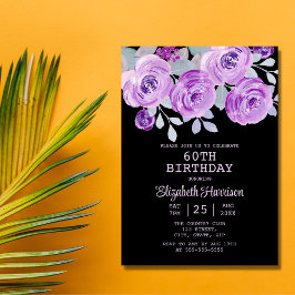 Convites Pastel Purple Rosa Floral Black 60º aniversário