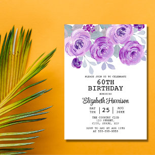 Convites Pastel Purple Rosa Floral Greenery 60º Aniversário