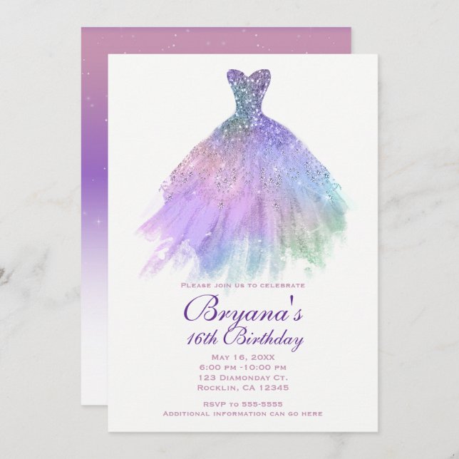 Convites Pastel Púrpura Glitter Glam Vestido Doce Doce 16 (Frente/Verso)