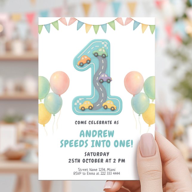 Convites Pastel Racing First Birthday Party (Criador carregado)