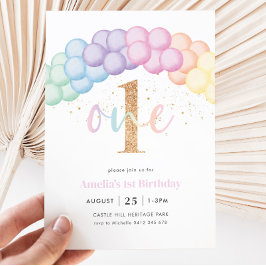 Convites Pastel Rainbow Balloon Arch Party - primeiro anive