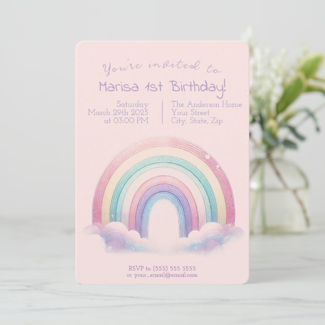Convites Pastel Rainbow Birthday Invitation - Party Invite (Em pé/Frente)