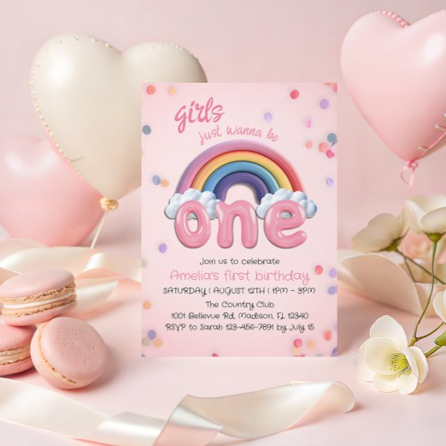 Convites Pastel Rainbow First Birthday Invitation for Girl (Criador carregado)