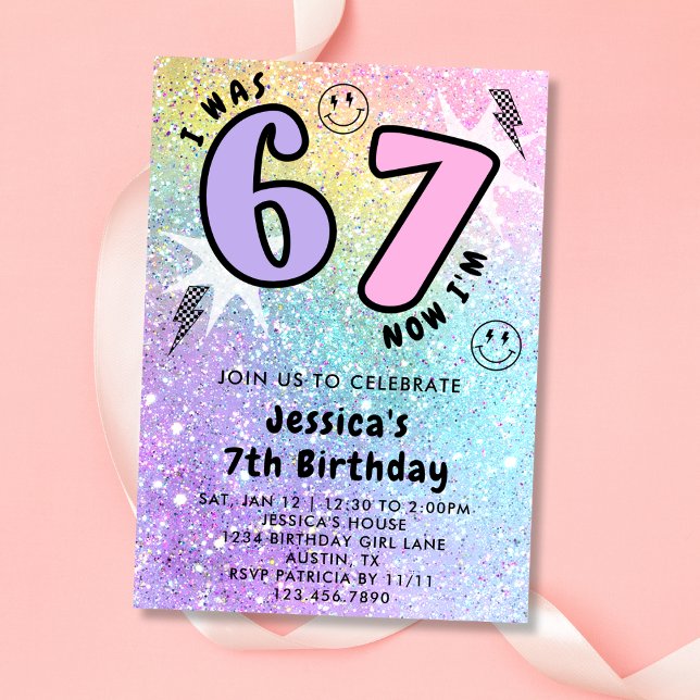 Convites Pastel Rainbow Glitter 6 7 Girl Birthday Party  (Criador carregado)