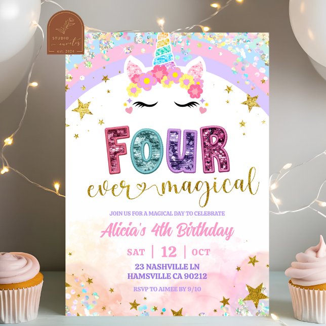 Convites Pastel Rainbow Magical Unicorn 4th Birthday (Criador carregado)
