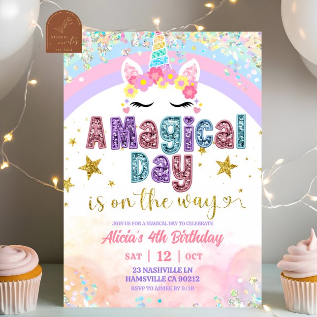 Convites Pastel Rainbow Magical Unicorn girl birthday  (Criador carregado)