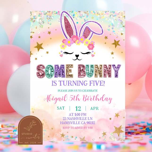 Convites Pastel Rainbow Sequins Bunny Invitation (Criador carregado)