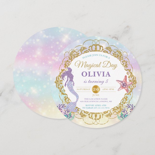 Convites Pastel Rainbow Sereia Sob O Aniversário Do Mar (Frente/Verso)