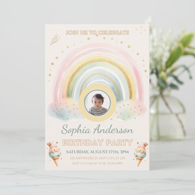 Convites Pastel Rainbow & Sorvete, Foto personalizada Anive (Em pé/Frente)