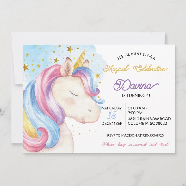 Convites Pastel Rainbow Unicorn Aniversário (Frente)
