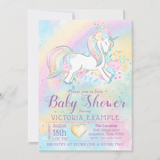 Convites Pastel Rainbow Unicorn Baby Shower Invations (Frente)