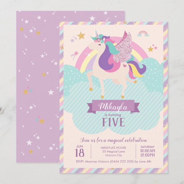 Convites Pastel Rainbow Unicorn Magic Birthday Cute (Frente/Verso)