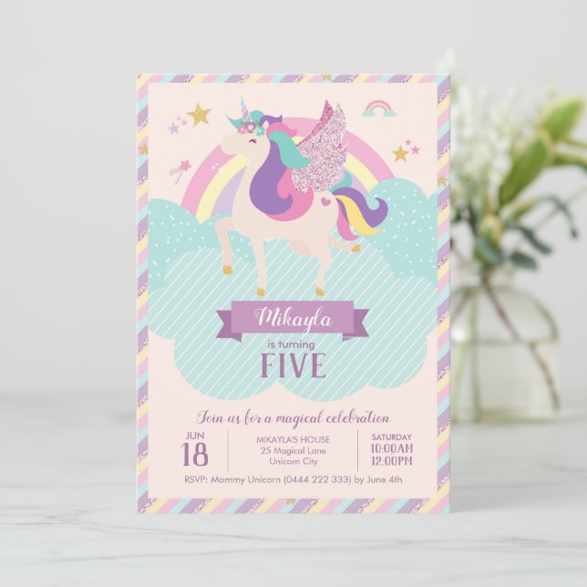 Convites Pastel Rainbow Unicorn Magic Birthday Cute (Em pé/Frente)