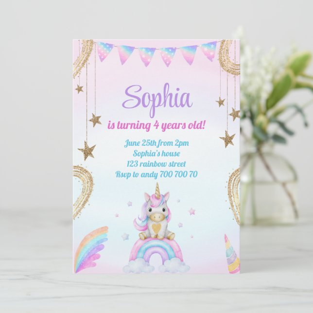 Convites Pastel Rainbow Unicorn Sparkles Aniversário (Em pé/Frente)