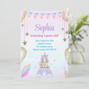 Convites Pastel Rainbow Unicorn Sparkles Aniversário