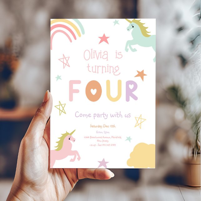 Convites Pastel Rainbow Unicorn Stars Quarto Aniversário (Criador carregado)