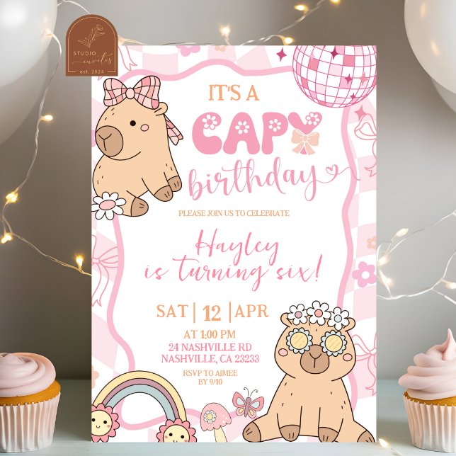 Convites Pastel Retro Capybara Girl Birthday party (Criador carregado)