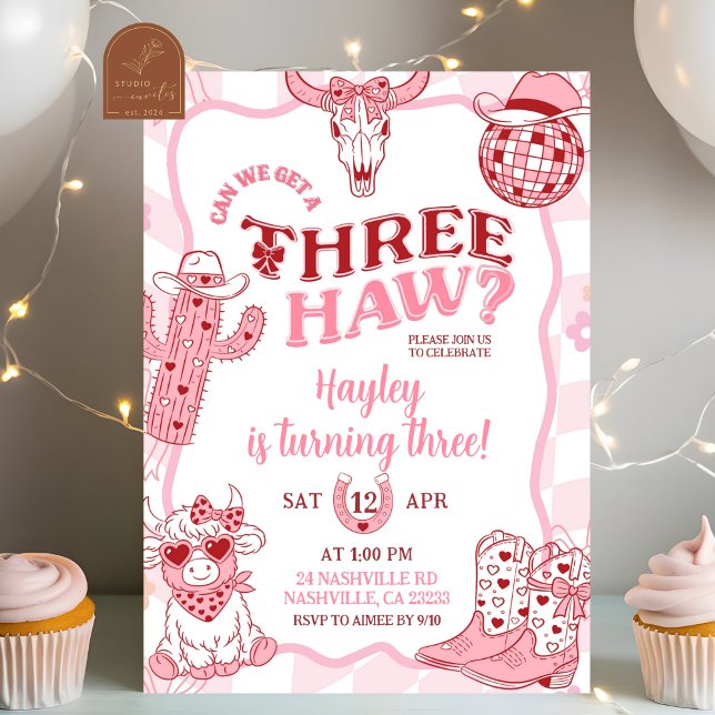 Convites Pastel Retro Threehaw Cowgirl Birthday party (Criador carregado)