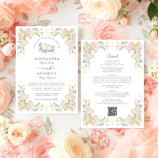 Convites Pastel Rococo Garden Ornate Floral Wedding QR (Criador carregado)
