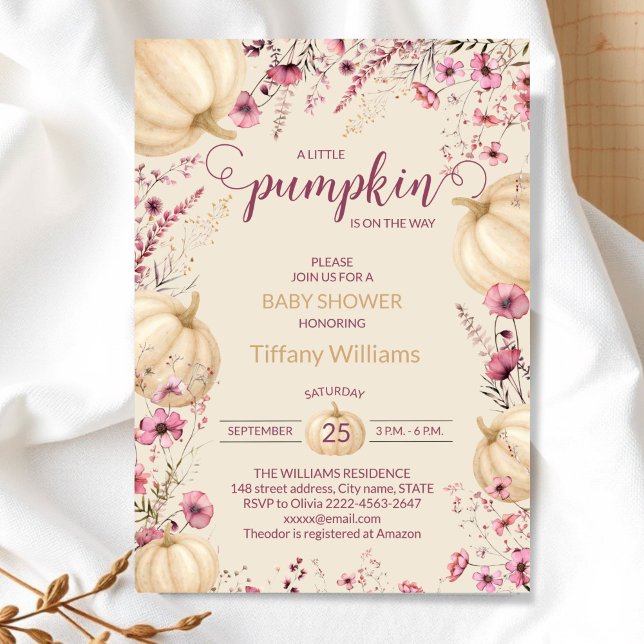Convites Pastel rosa Aquarela Polpa cai flores silvestres (Pink and beige Rustic Pumpkin Baby Shower Invitation | Neutral Fall Floral Autumn Theme)