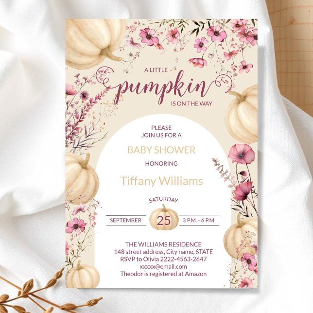 Convites Pastel rosa Aquarela Polpa cai flores silvestres (Pink and beige Rustic Pumpkin Baby Shower Invitation | Neutral Fall Floral Autumn Theme)