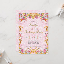 Convites Pastel rosa Dourado Décimo Barroco Rococó Aniversá