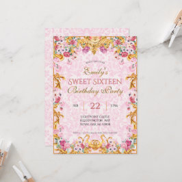 Convites Pastel rosa Dourado Doce Dezesseis Rococo Aniversá
