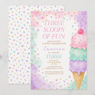 Convites Pastel Rosa Menta Três Colheres de Diversão Aniver