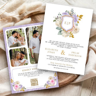 Convites Pastel Rosa Roxo Floral Código QR Brasão Casamento