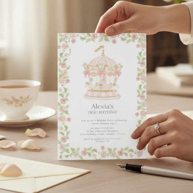 Convites Pastel Rose Garden Carousel Birthday Party (Criador carregado)
