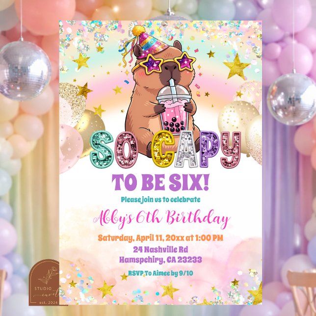 Convites Pastel Sequin Glitter Capybara Birthday Invitation (Criador carregado)