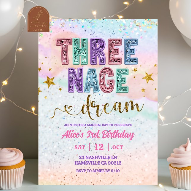 Convites Pastel Sequin Glitter Threenage Dream Birthday (Criador carregado)