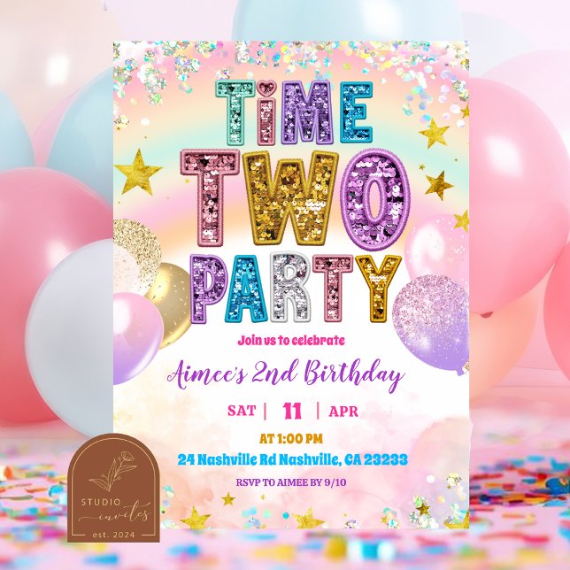 Convites Pastel Sequin Glitter Time TWO Party Invitation (Criador carregado)