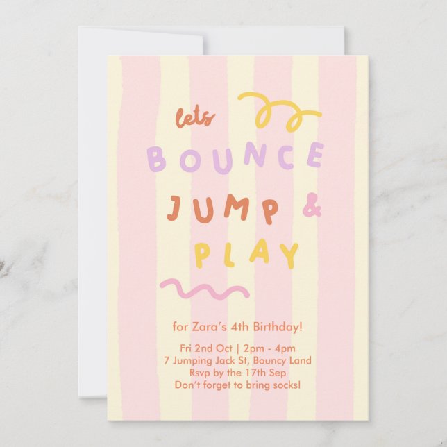 Convites Pastel Stripe Girls Bounce Jump Play Party (Frente)