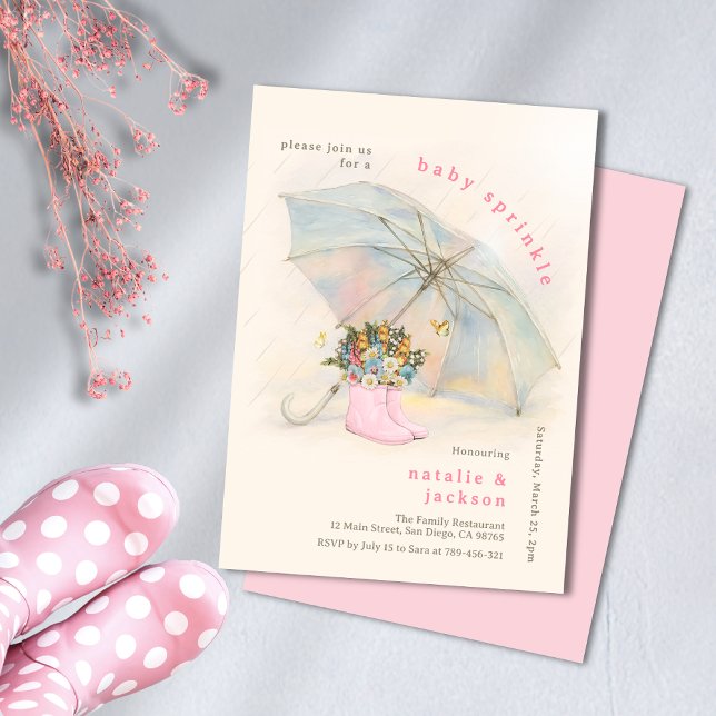 Convites Pastel Umbrella Floral Pink Boots Baby Sprinkle (Pastel Umbrella Floral Pink Boots Baby Sprinkle Invitation)
