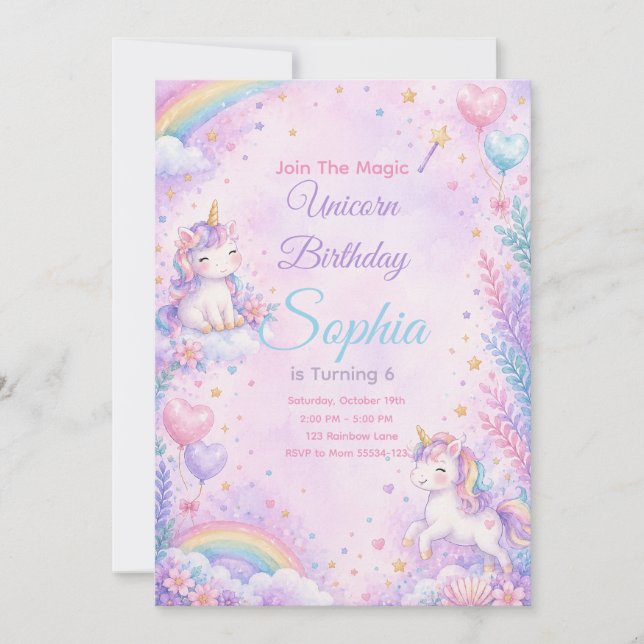 Convites Pastel Unicorn Birthday Invitation Editable (Frente)