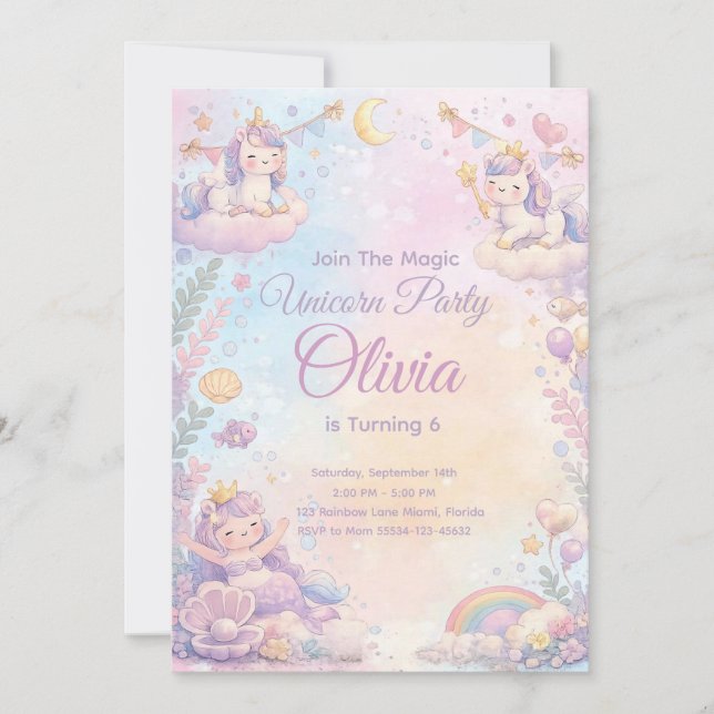 Convites Pastel Unicorn Birthday Invitation Editable (Frente)