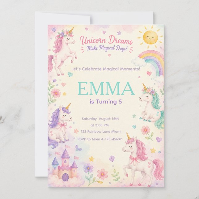 Convites Pastel Unicorn Birthday Invitation Template (Frente)