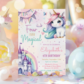 Convites Pastel Unicorn Four Ever Magical 4th Birday