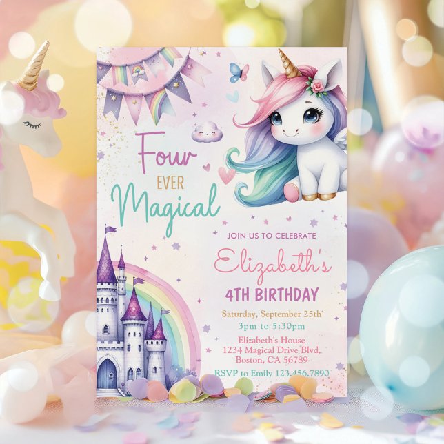 Convites Pastel Unicorn Four Ever Magical 4th Birday (Criador carregado)