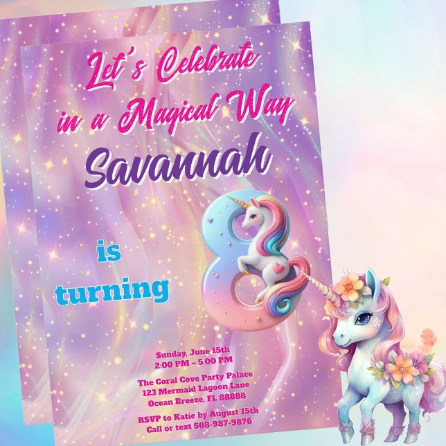 Convites Pastel Unicorn Magical 8ª Festa de aniversário (Magical Unicorn Birthday Party Invitation)