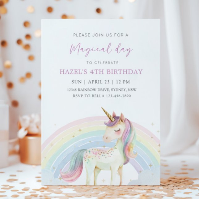Convites Pastel Unicorn & Rainbow Birthday Any Age Party (Criador carregado)