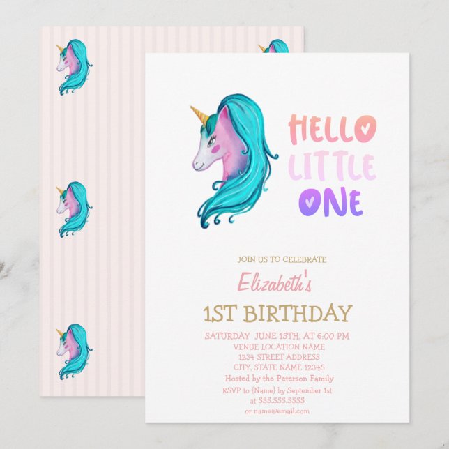 Convites Pastel Unicorn Striped Hello Little One Birthday (Frente/Verso)