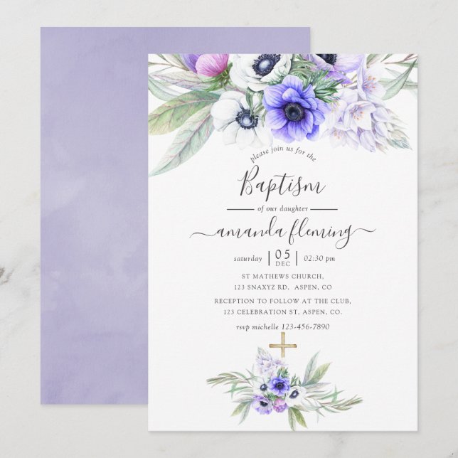 Convites Pastel Violet Floral Baptism (Frente/Verso)