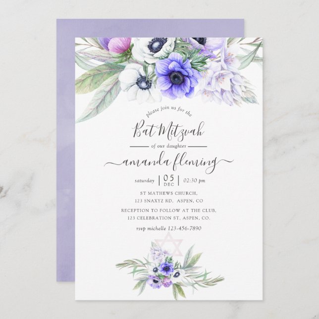 Convites Pastel Violet Floral Bat Mitzvah (Frente/Verso)