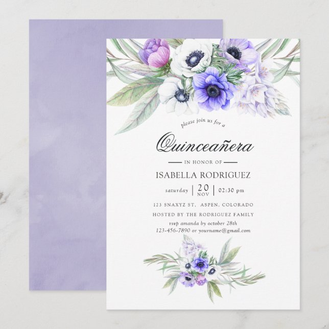 Convites Pastel Violeta Quinceañera Floral (Frente/Verso)