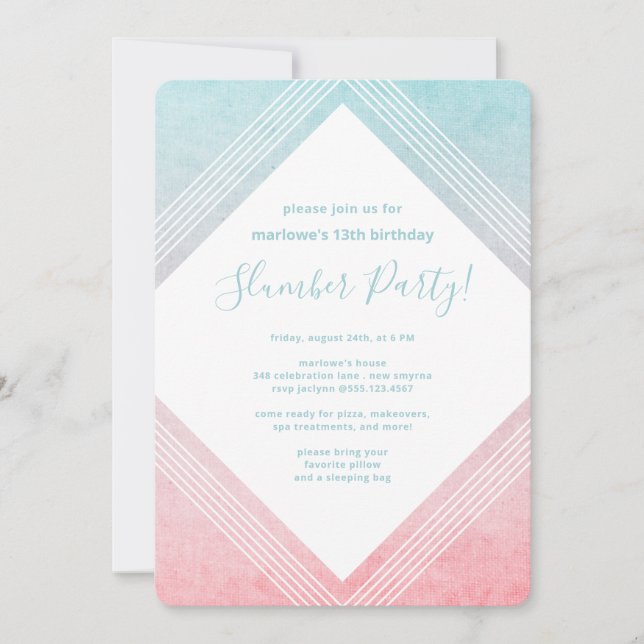 Convites Pastel Watercolor Birthday SlumbParty Aqua (Frente)